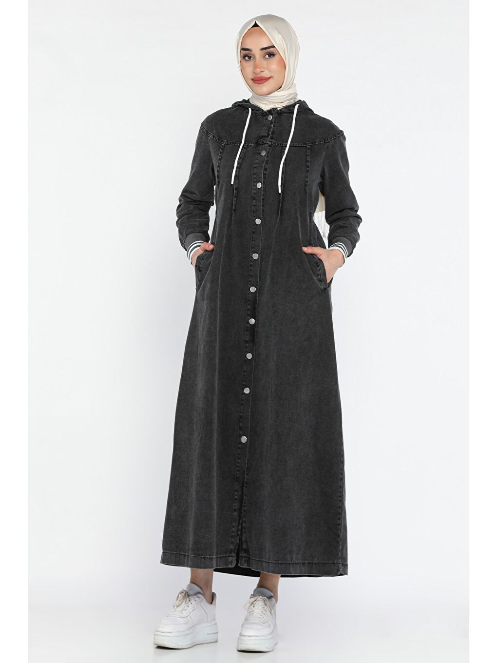 Antrasit Kadın Bel Lastikli Kapüşonlu Jean Jean Tesettür Elbise-1