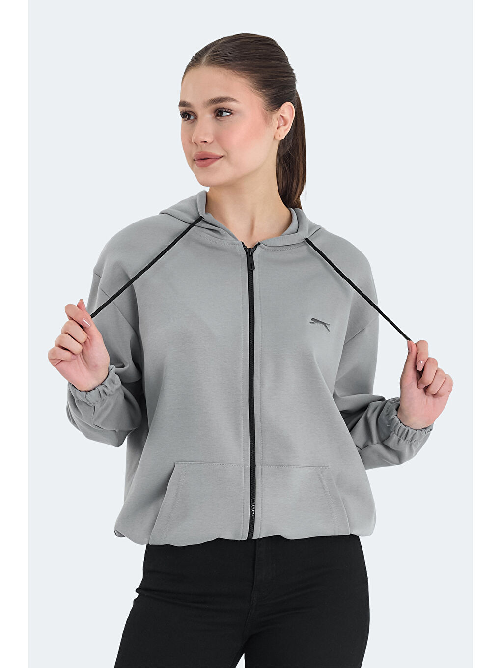 KIMBERLEY IN Kadın Fermuarlı Kapüşonlu Cepli Gri Sweatshırt-5