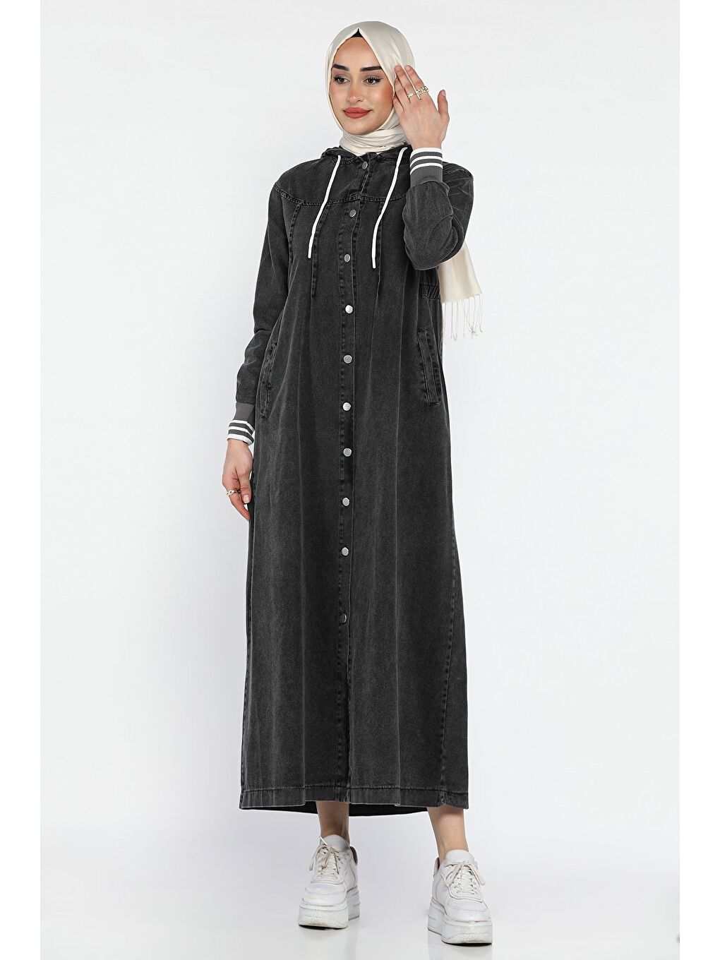 Antrasit Kadın Bel Lastikli Kapüşonlu Jean Jean Tesettür Elbise-3