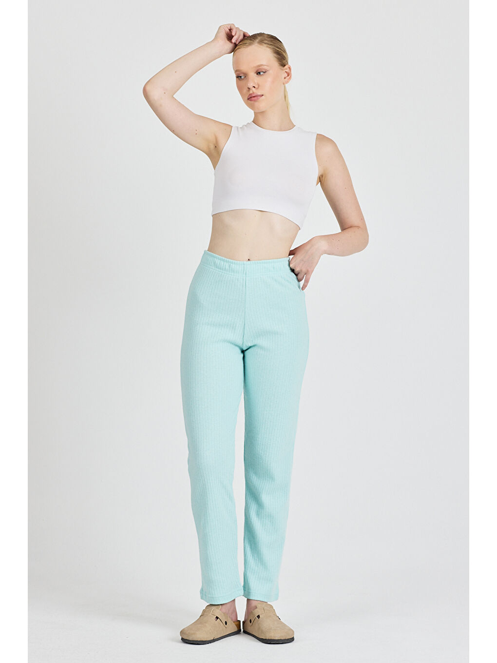 Turkuaz Kadın Su Yeşili Yüksek Bel Fitilli Bol Paça Günlük İnce Eşofman Altı Pijama