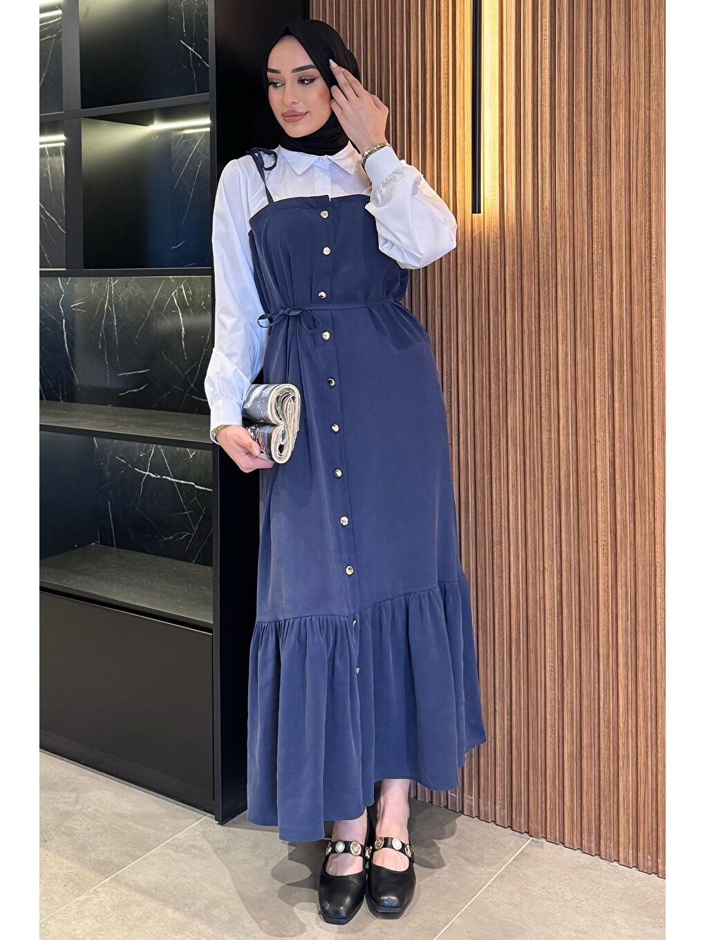 Lacivert Gömlek Garnili Bağcık Detaylı Tesettür Elbise