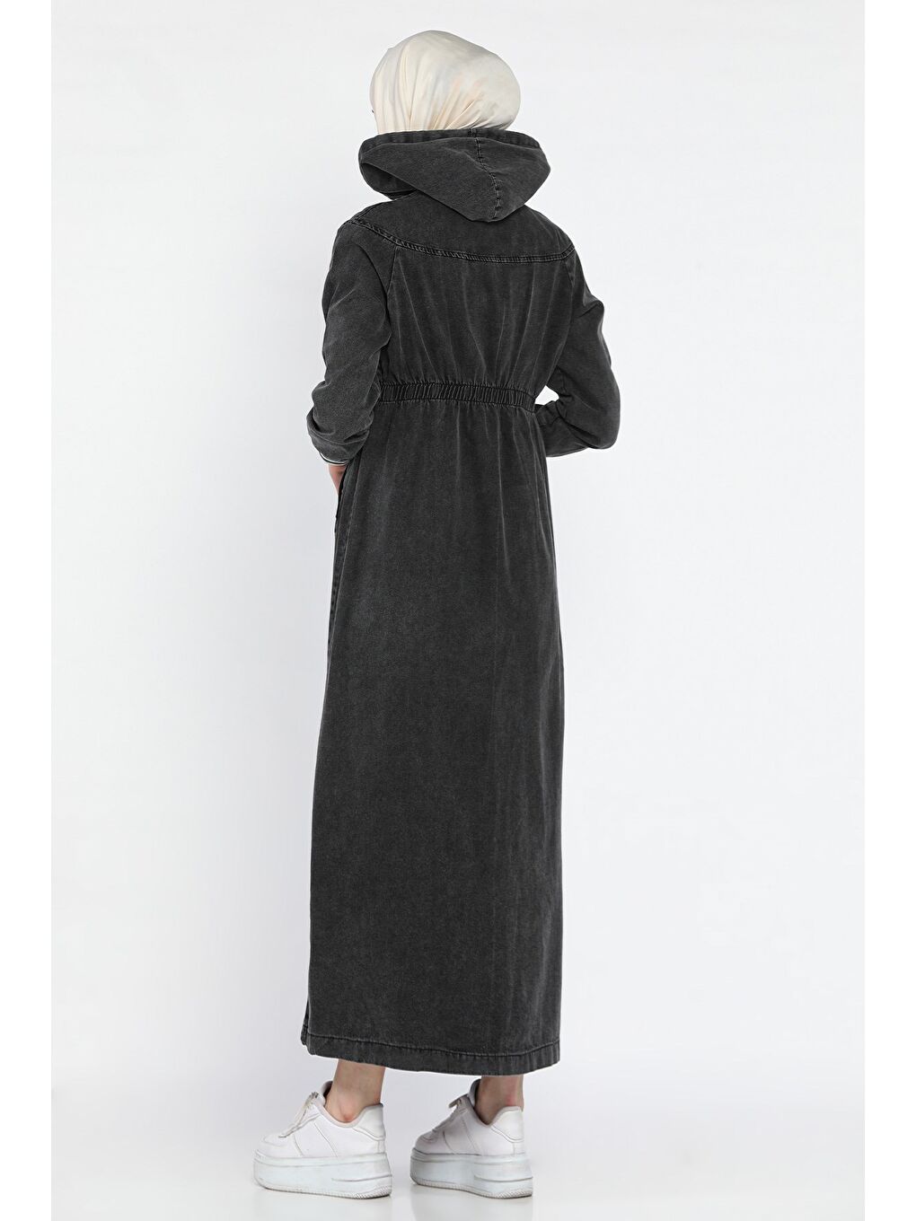 Antrasit Kadın Bel Lastikli Kapüşonlu Jean Jean Tesettür Elbise-5