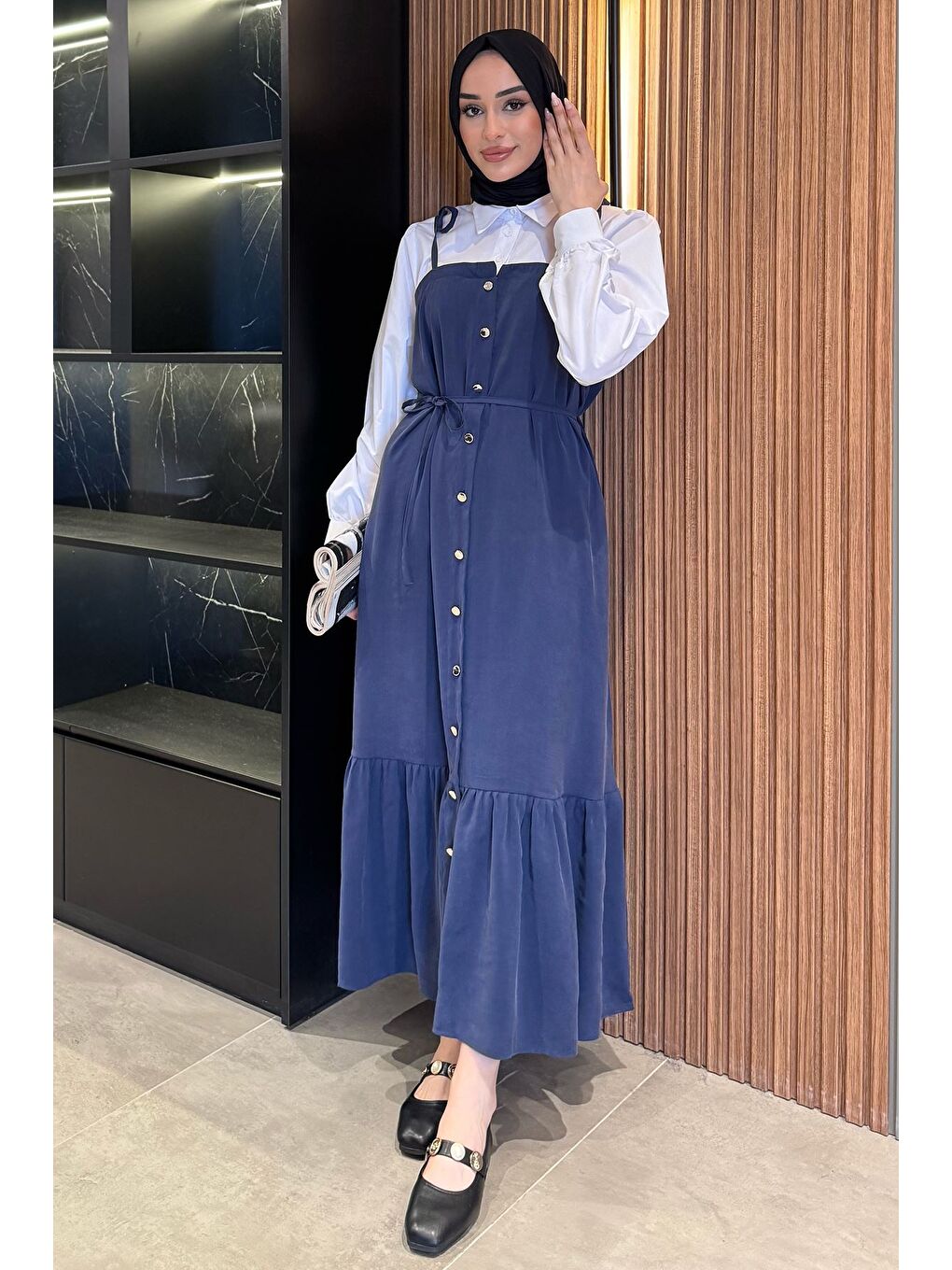 Lacivert Gömlek Garnili Bağcık Detaylı Tesettür Elbise-1