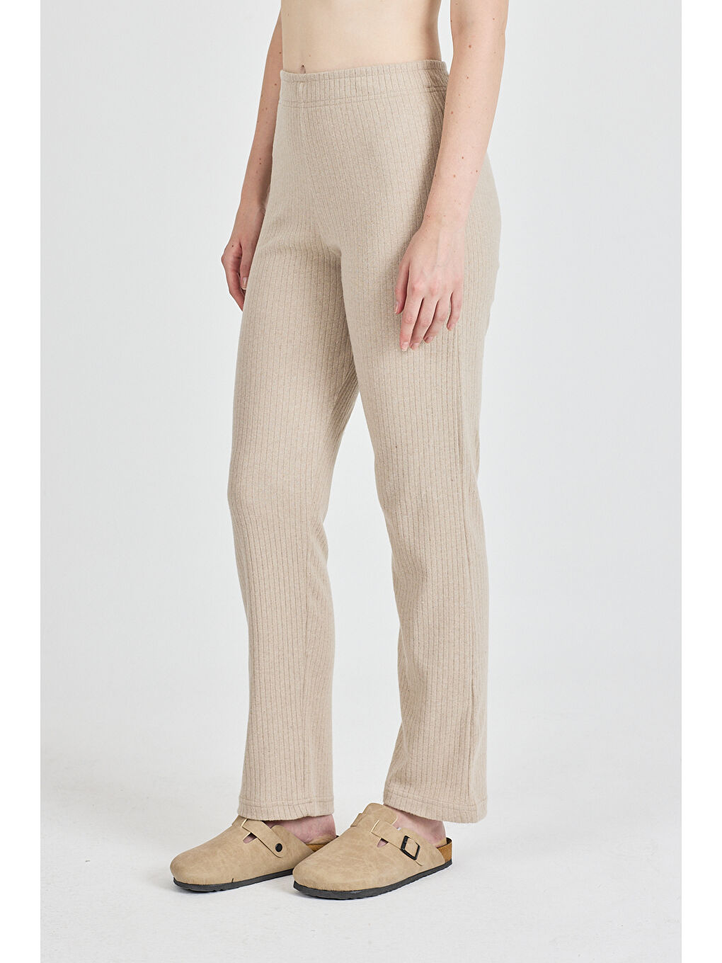 Bej Kadın Vizon Yüksek Bel Fitilli Bol Paça Günlük İnce Eşofman Altı Pijama-3