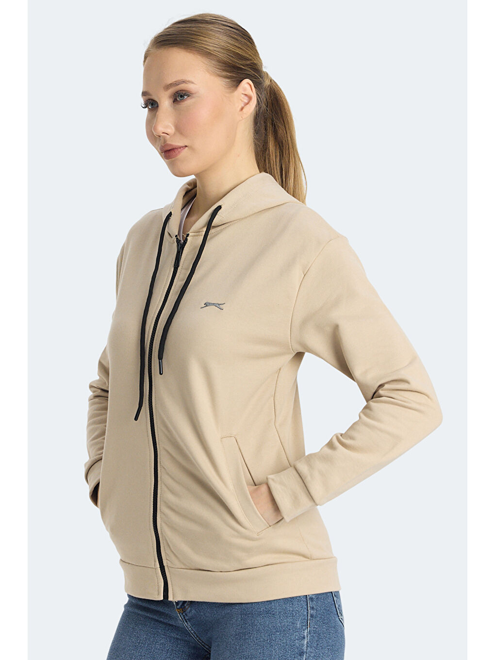 KINET IN Kadın Fermuarlı Kapüşonlu Cepli Bej Sweatshırt-2