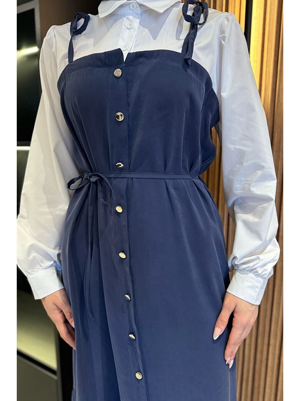 Lacivert Gömlek Garnili Bağcık Detaylı Tesettür Elbise-2