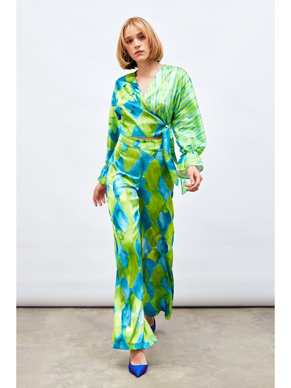 Yüksek Bel Desenli Pantolon - Mavi-1