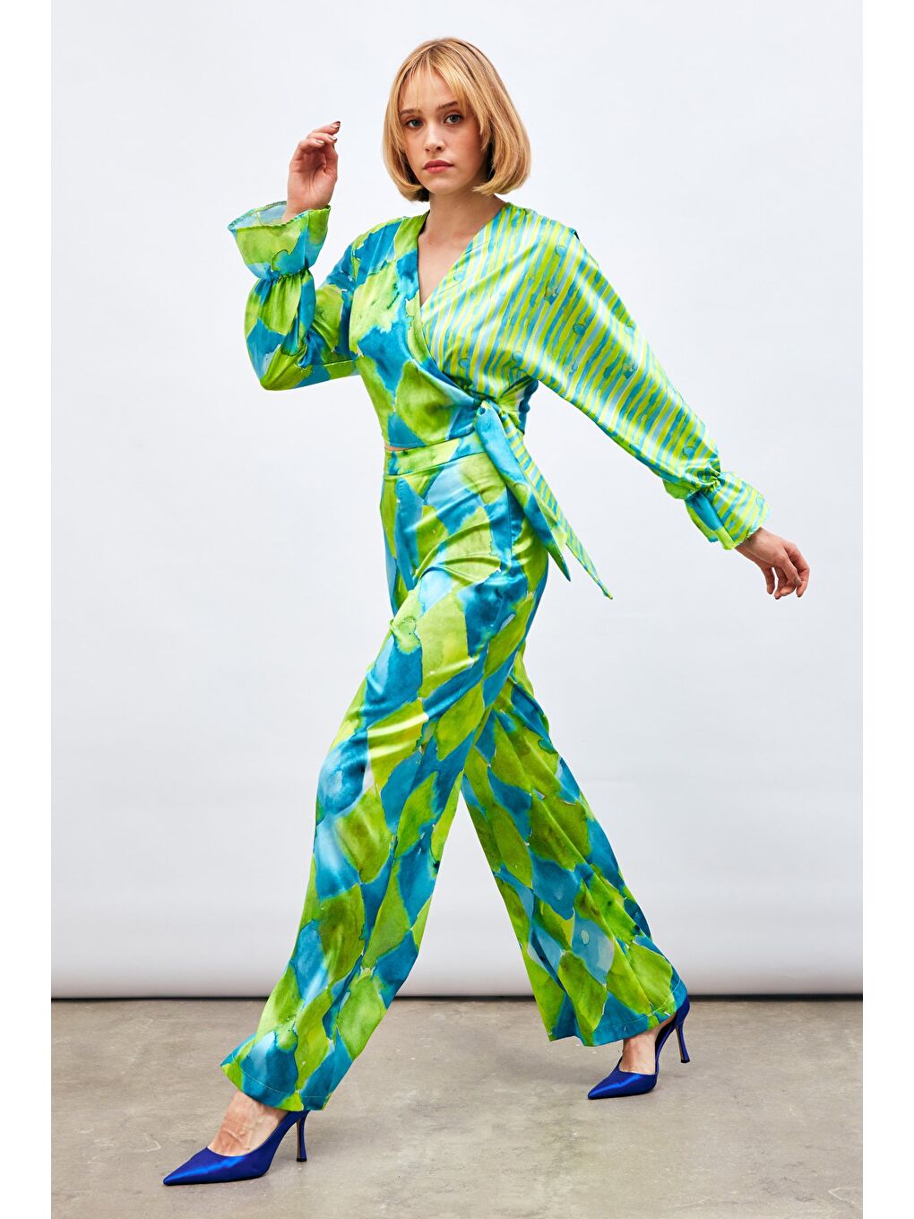 Yüksek Bel Desenli Pantolon - Mavi-2