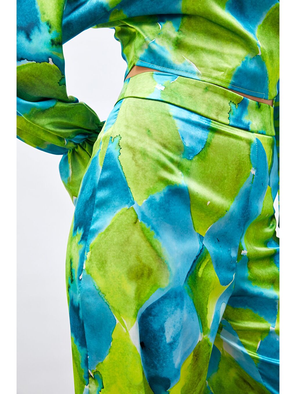 Yüksek Bel Desenli Pantolon - Mavi-3