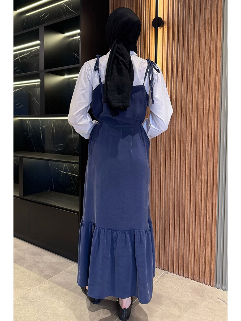 Lacivert Gömlek Garnili Bağcık Detaylı Tesettür Elbise-3