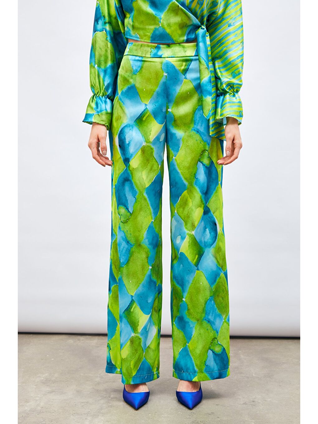 Yüksek Bel Desenli Pantolon - Mavi-4