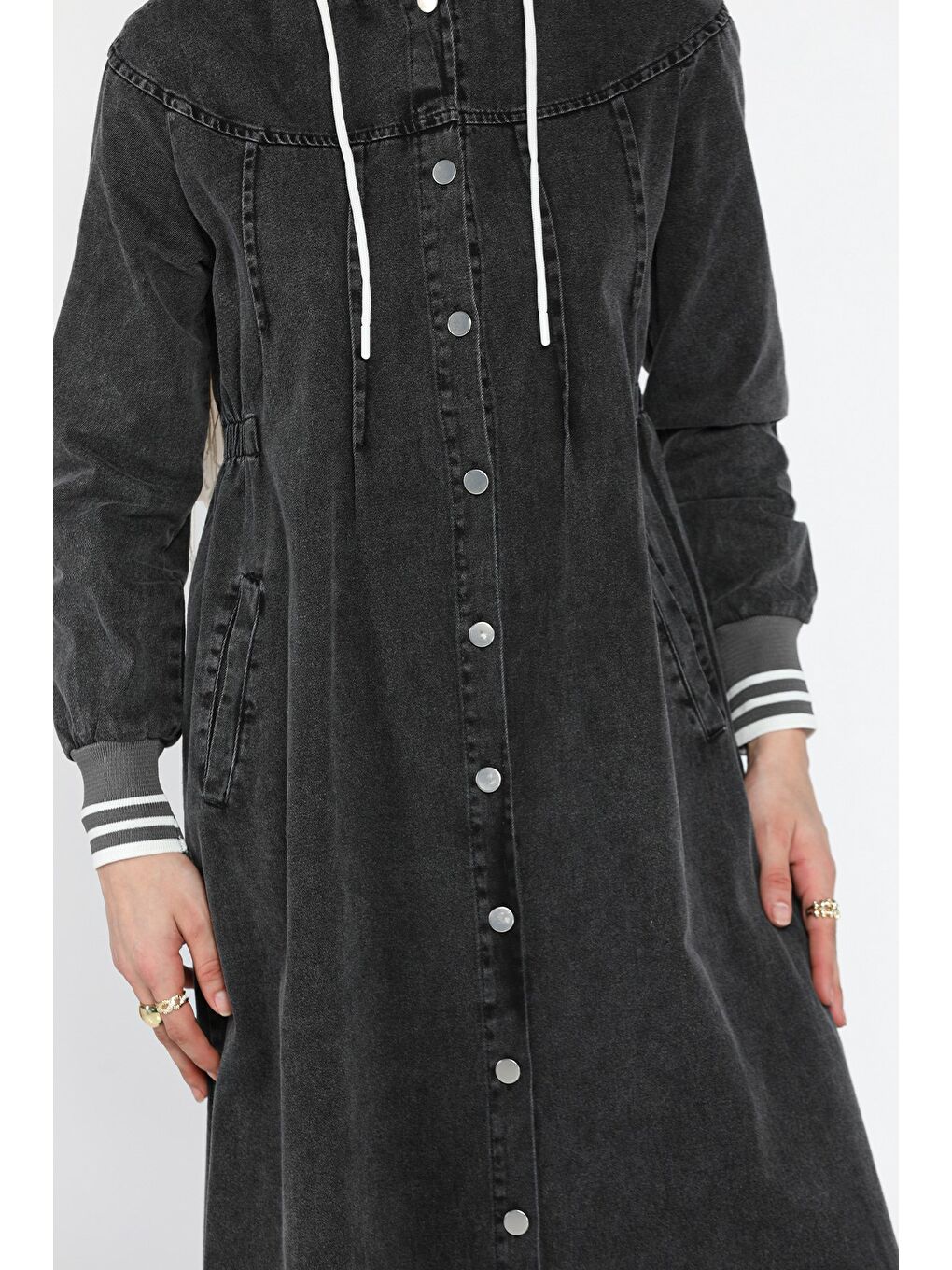 Antrasit Kadın Bel Lastikli Kapüşonlu Jean Jean Tesettür Elbise-7