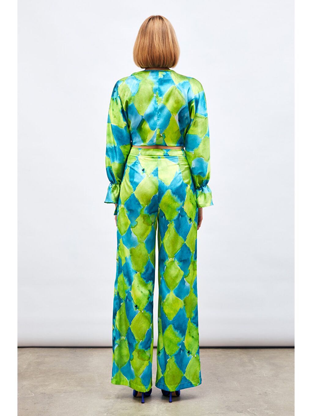 Yüksek Bel Desenli Pantolon - Mavi-5