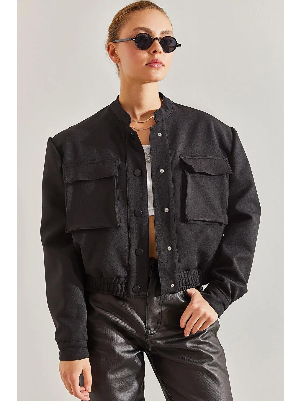 Siyah Kadın Çift Cepli Bomber Ceket