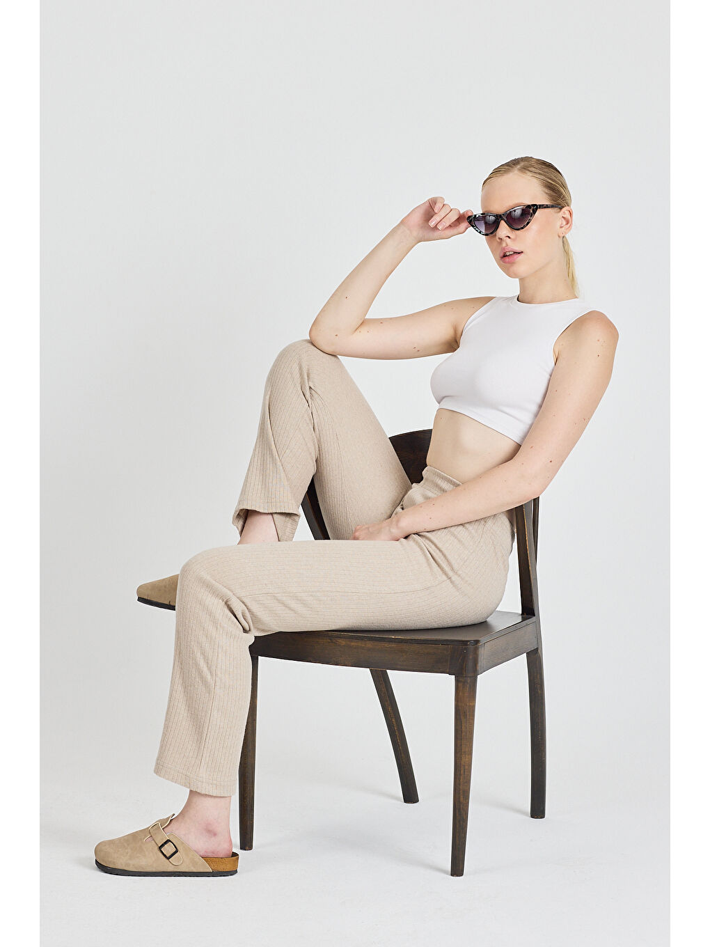 Bej Kadın Vizon Yüksek Bel Fitilli Bol Paça Günlük İnce Eşofman Altı Pijama-4