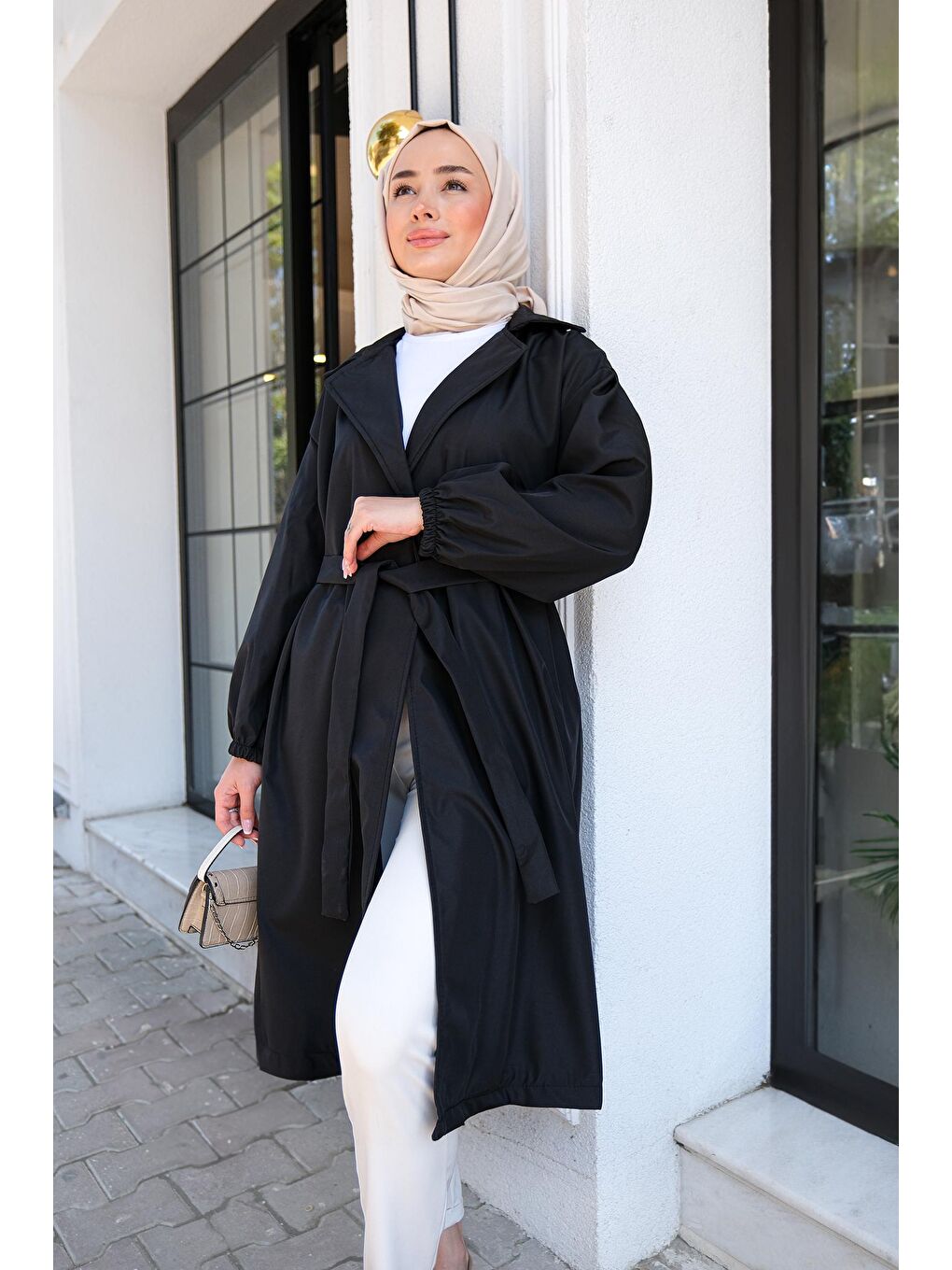 Kruvaze Yaka Kuşaklı Kadın Trençkot Siyah-2