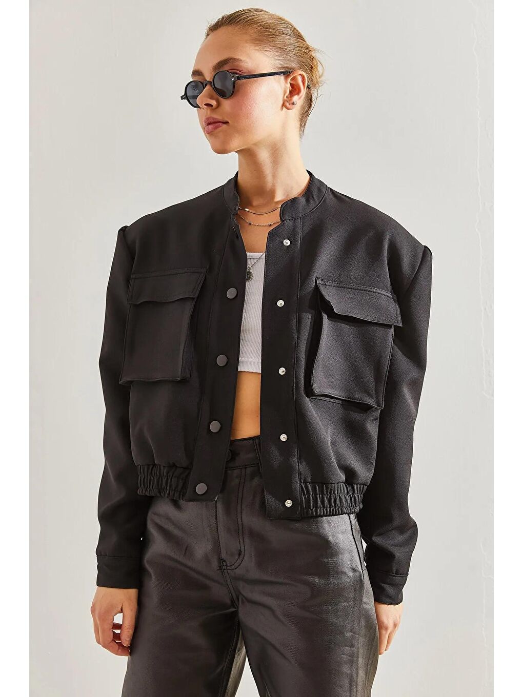 Siyah Kadın Çift Cepli Bomber Ceket-1