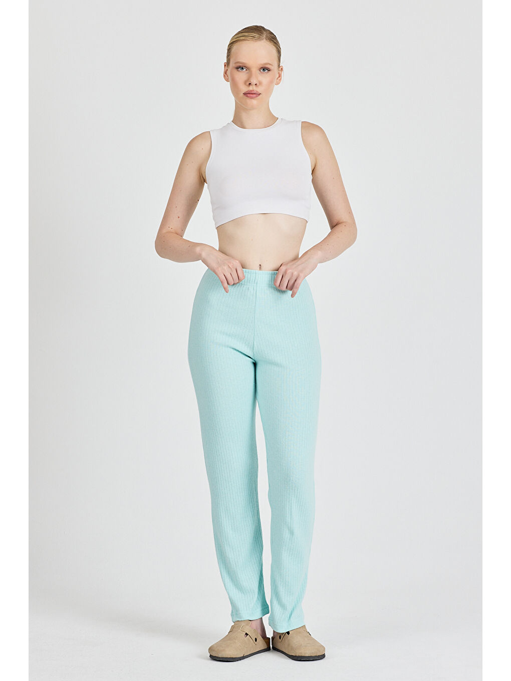 Turkuaz Kadın Su Yeşili Yüksek Bel Fitilli Bol Paça Günlük İnce Eşofman Altı Pijama-1