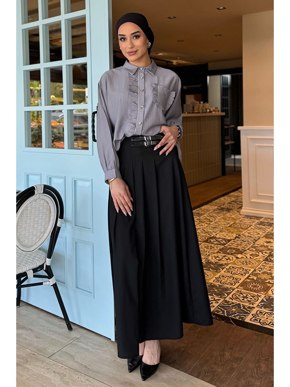 Siyah Kadın Kemer Detaylı Pileli Tesettür Etek-1