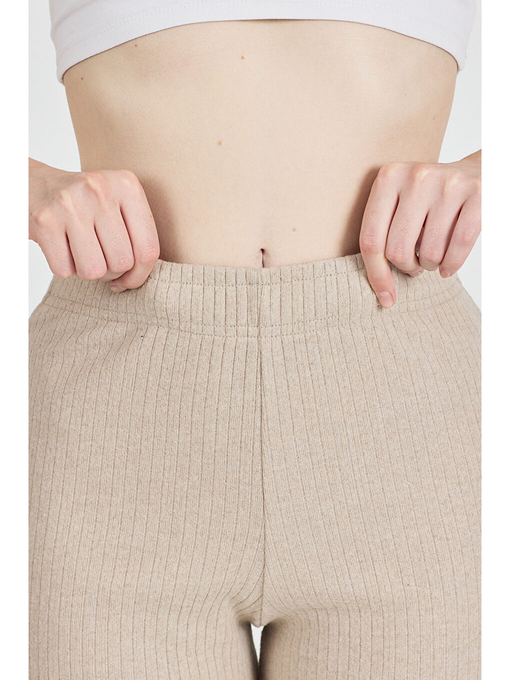 Bej Kadın Vizon Yüksek Bel Fitilli Bol Paça Günlük İnce Eşofman Altı Pijama-5