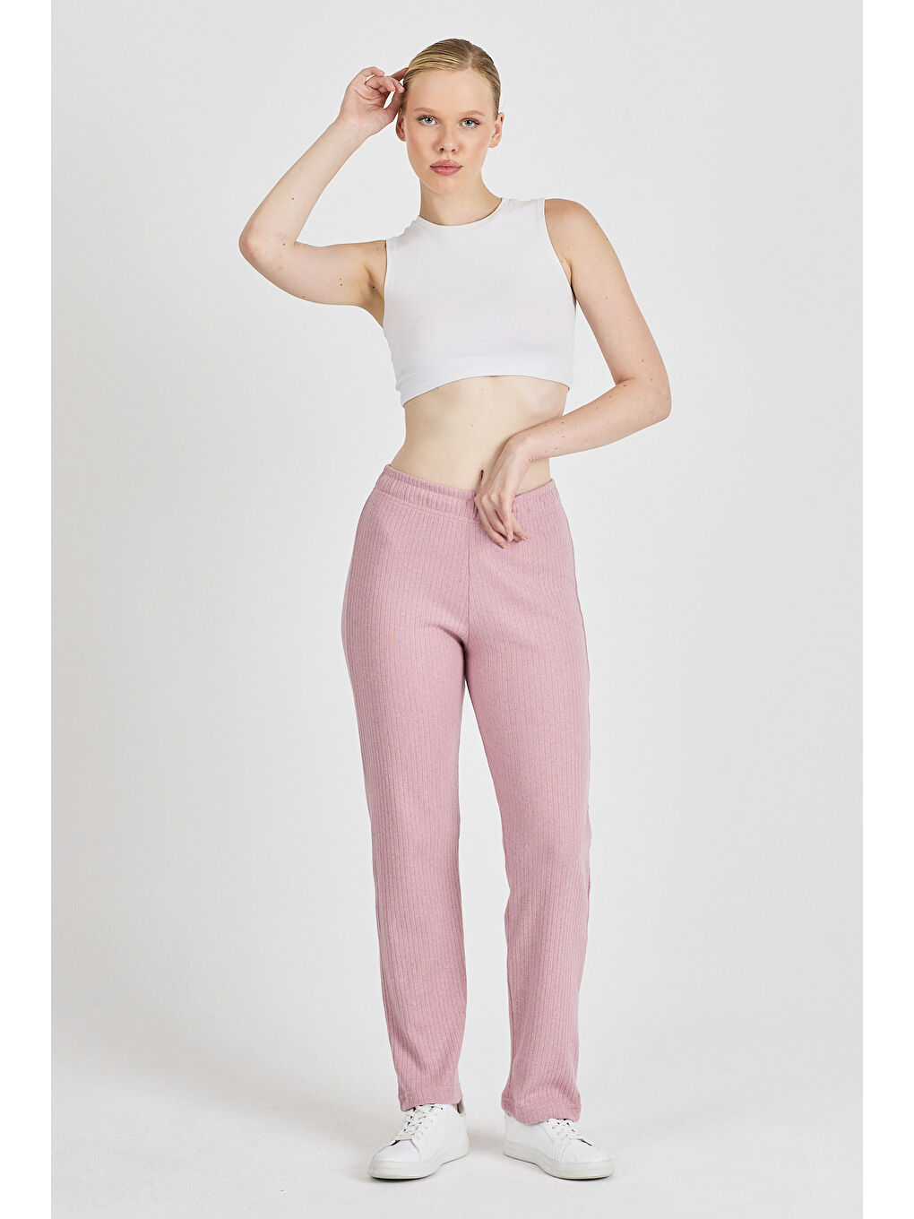 Pembe Kadın Gül Kurusu Yüksek Bel Fitilli Bol Paça Günlük İnce Eşofman Altı Pijama-1