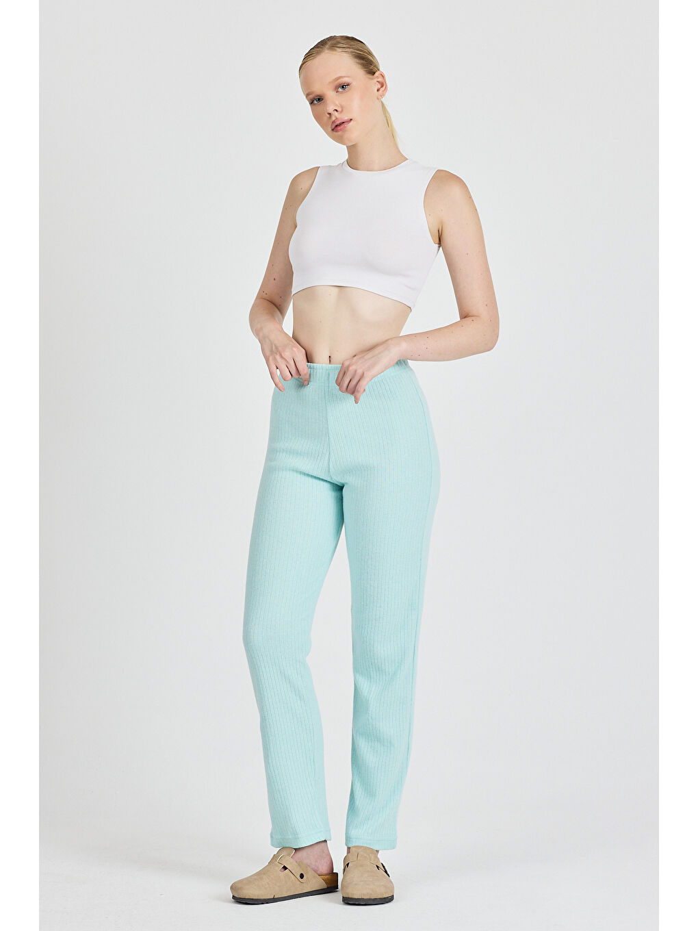 Turkuaz Kadın Su Yeşili Yüksek Bel Fitilli Bol Paça Günlük İnce Eşofman Altı Pijama-2