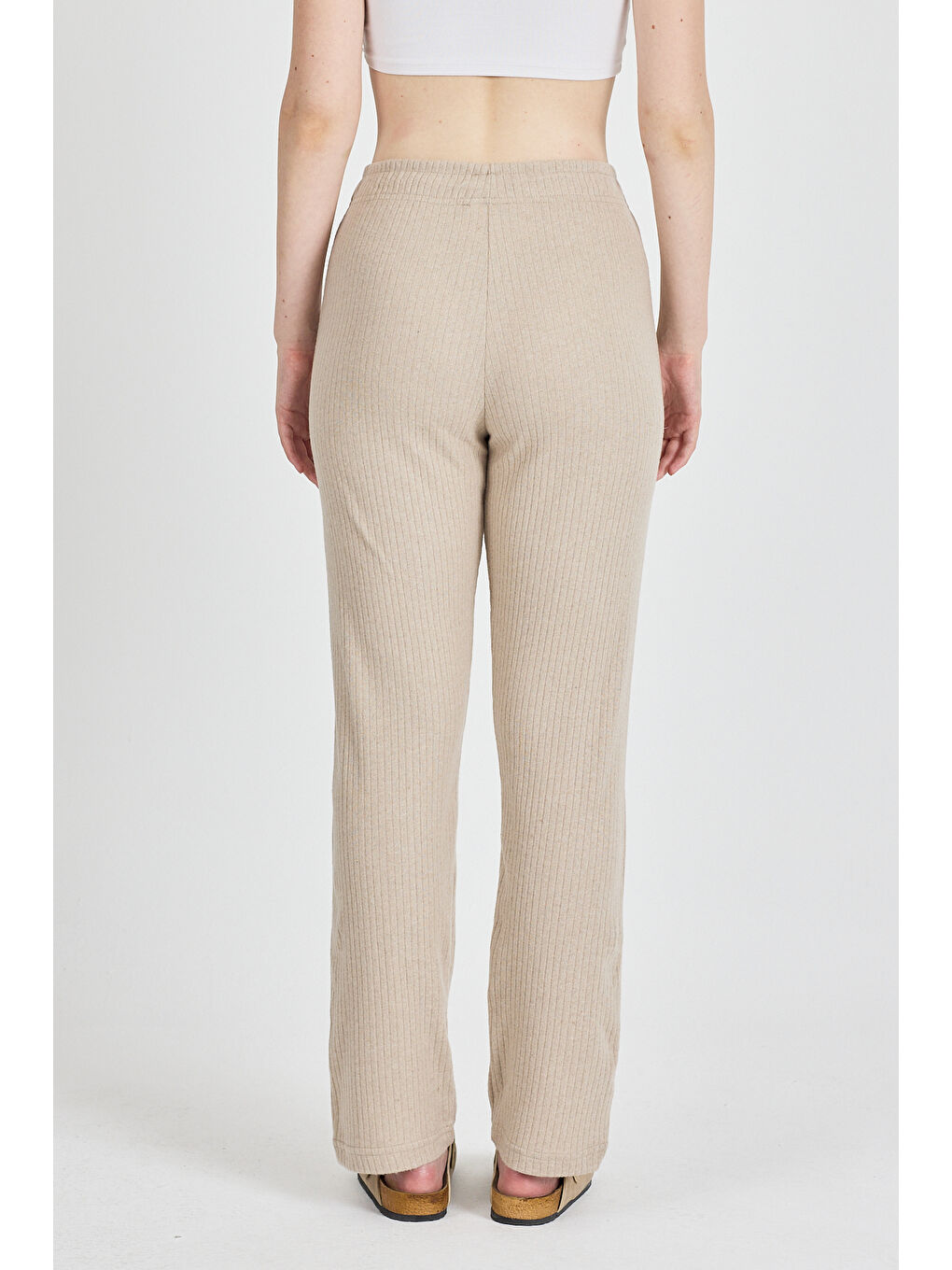 Bej Kadın Vizon Yüksek Bel Fitilli Bol Paça Günlük İnce Eşofman Altı Pijama-6