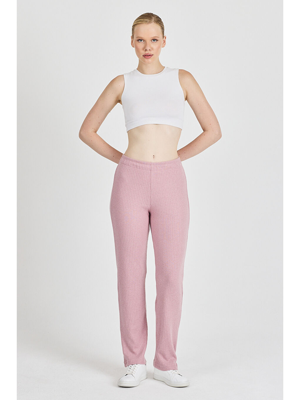 Pembe Kadın Gül Kurusu Yüksek Bel Fitilli Bol Paça Günlük İnce Eşofman Altı Pijama-2