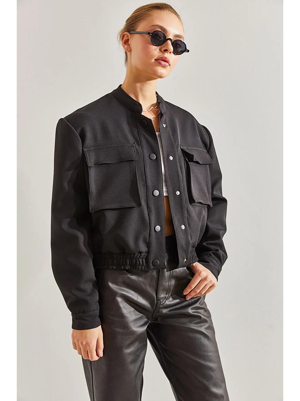 Siyah Kadın Çift Cepli Bomber Ceket-3