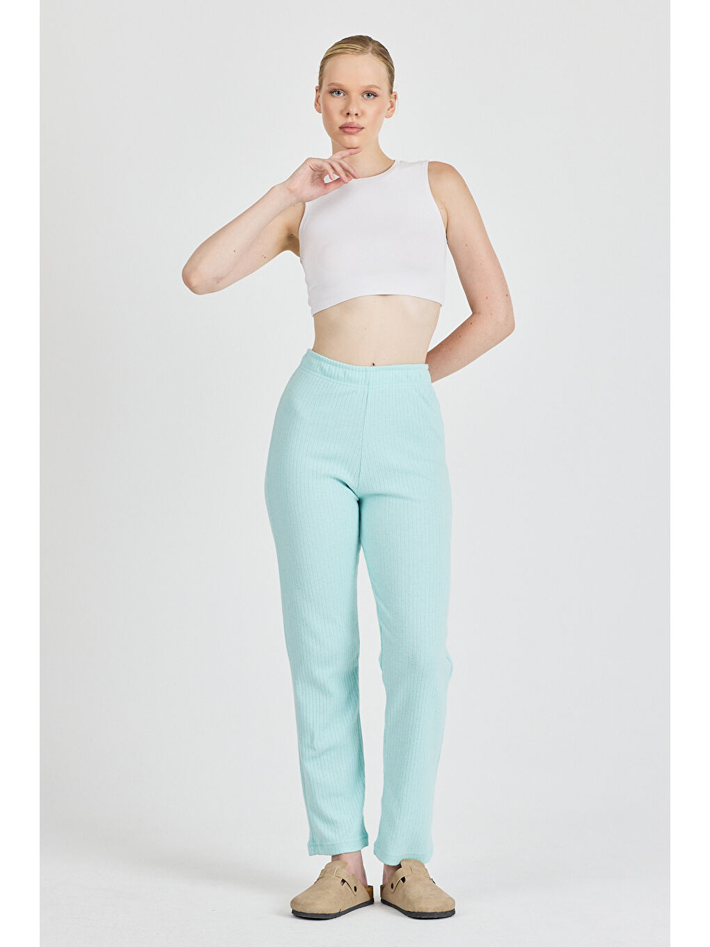 Turkuaz Kadın Su Yeşili Yüksek Bel Fitilli Bol Paça Günlük İnce Eşofman Altı Pijama-3