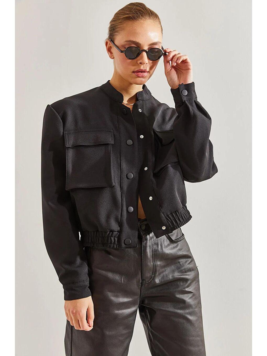 Siyah Kadın Çift Cepli Bomber Ceket-4