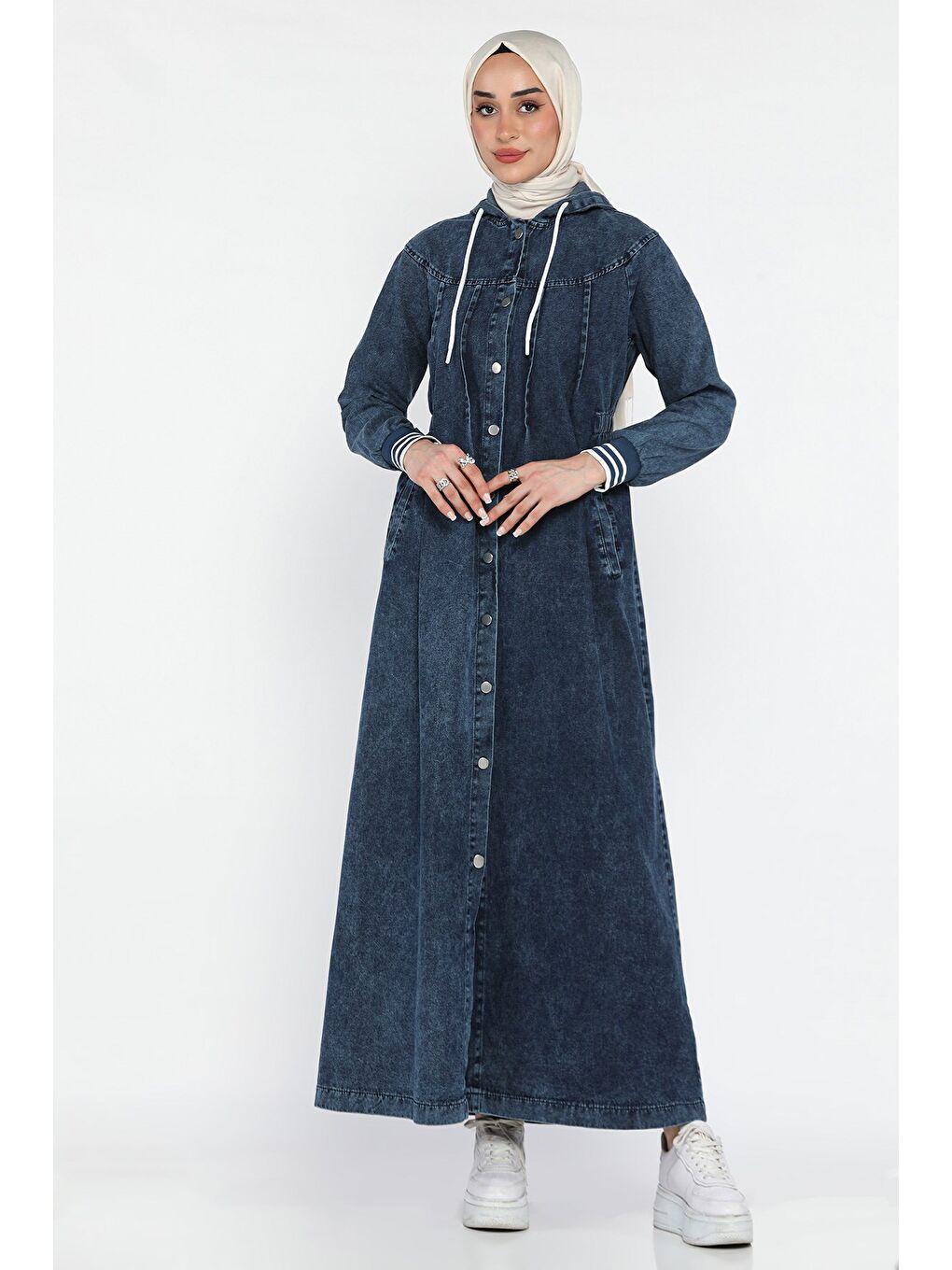 Lacivert Kadın Bel Lastikli Kapüşonlu Jean Jean Tesettür Elbise-3