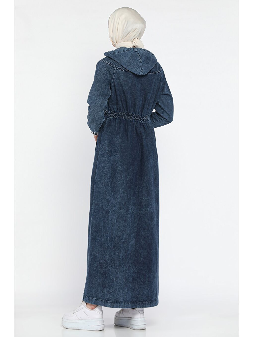Lacivert Kadın Bel Lastikli Kapüşonlu Jean Jean Tesettür Elbise-5
