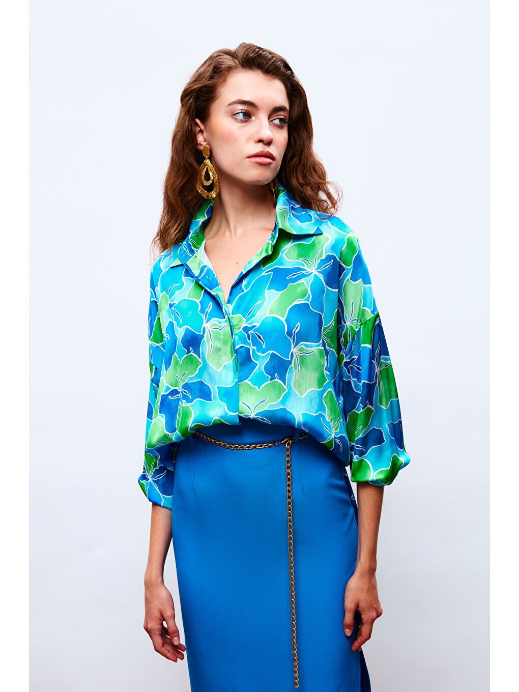 Çiçek Desenli Salaş Gömlek - Lacivert-Yeşil-1