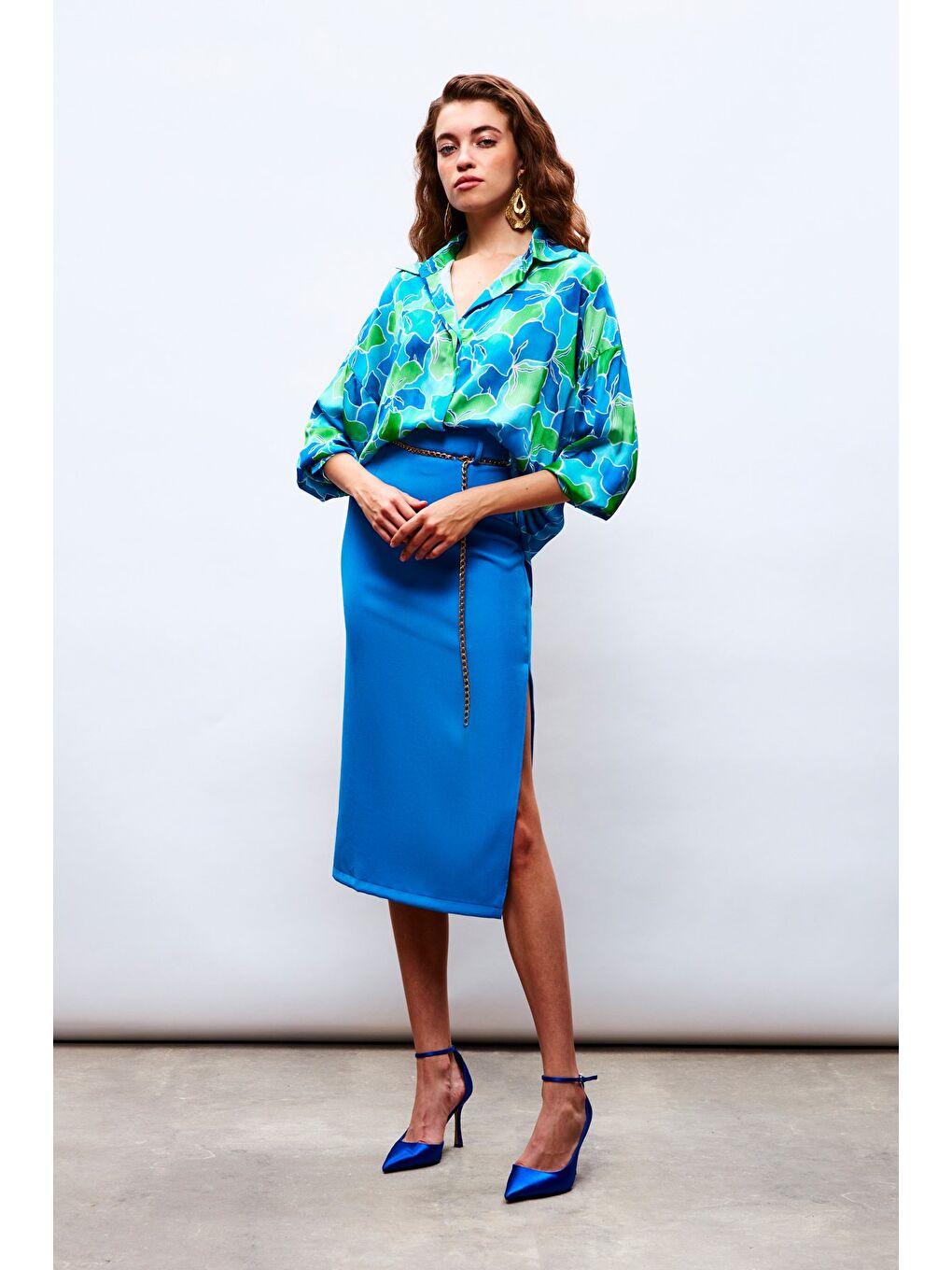 Çiçek Desenli Salaş Gömlek - Lacivert-Yeşil-3