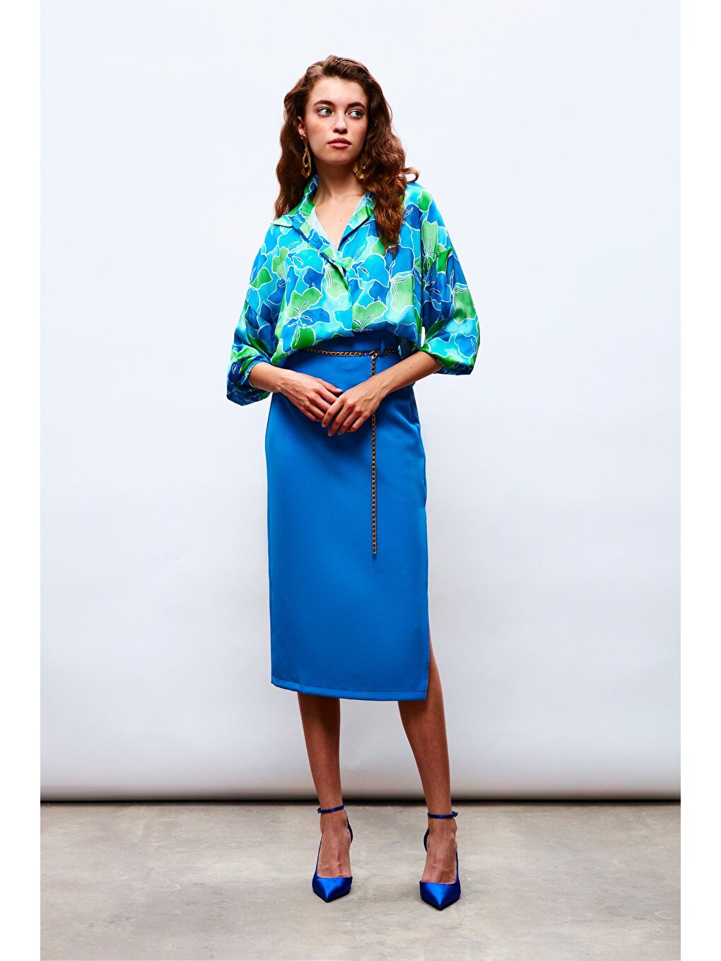 Çiçek Desenli Salaş Gömlek - Lacivert-Yeşil-4