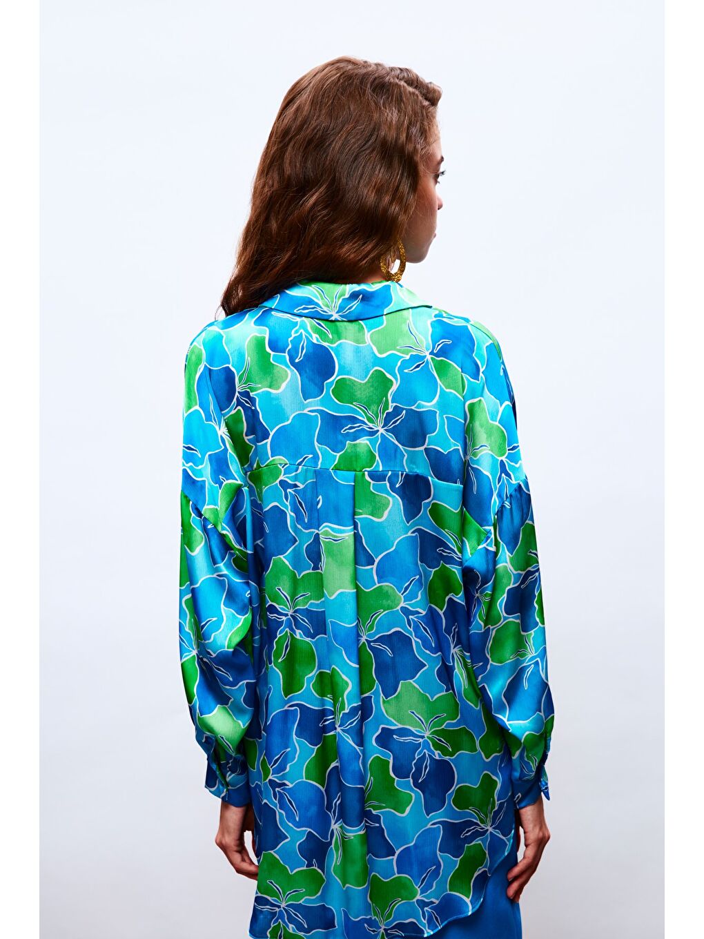 Çiçek Desenli Salaş Gömlek - Lacivert-Yeşil-5