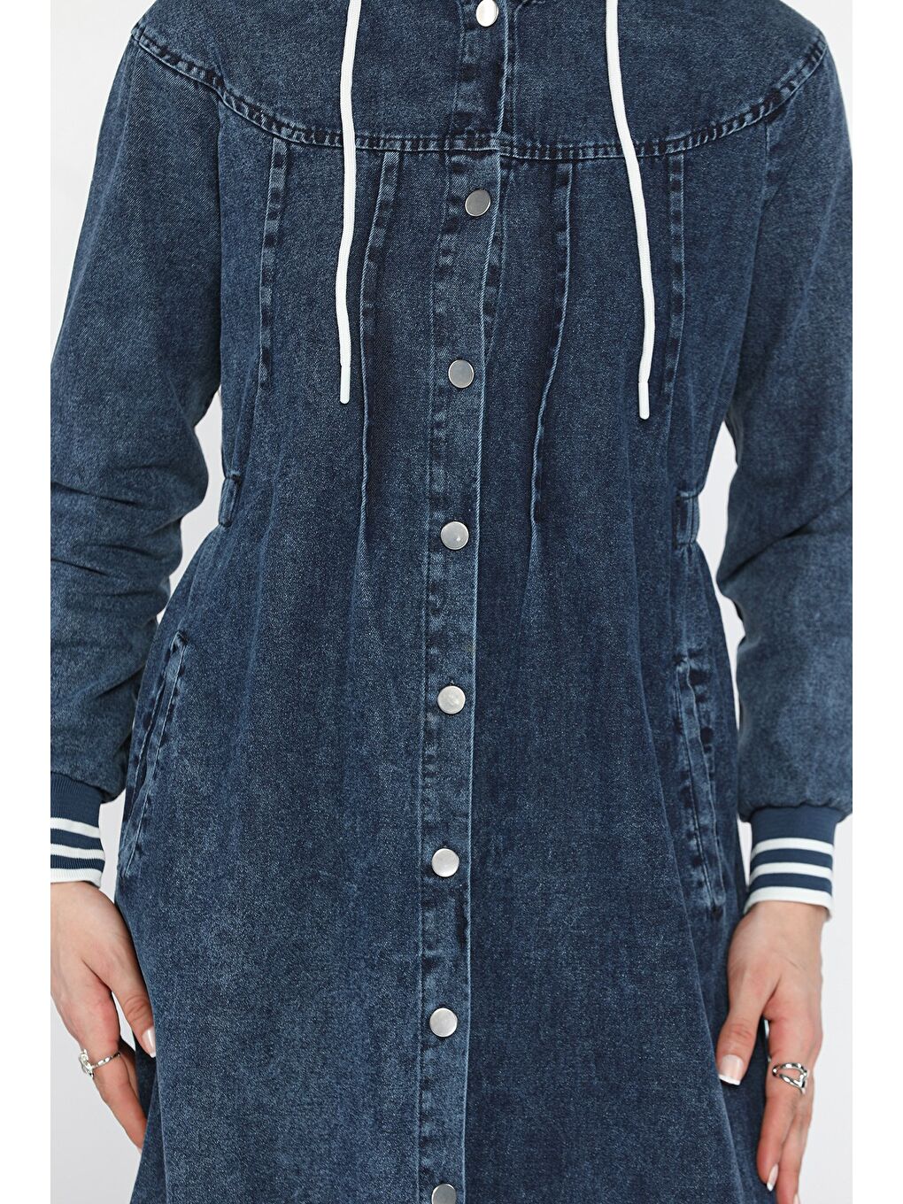 Lacivert Kadın Bel Lastikli Kapüşonlu Jean Jean Tesettür Elbise-7