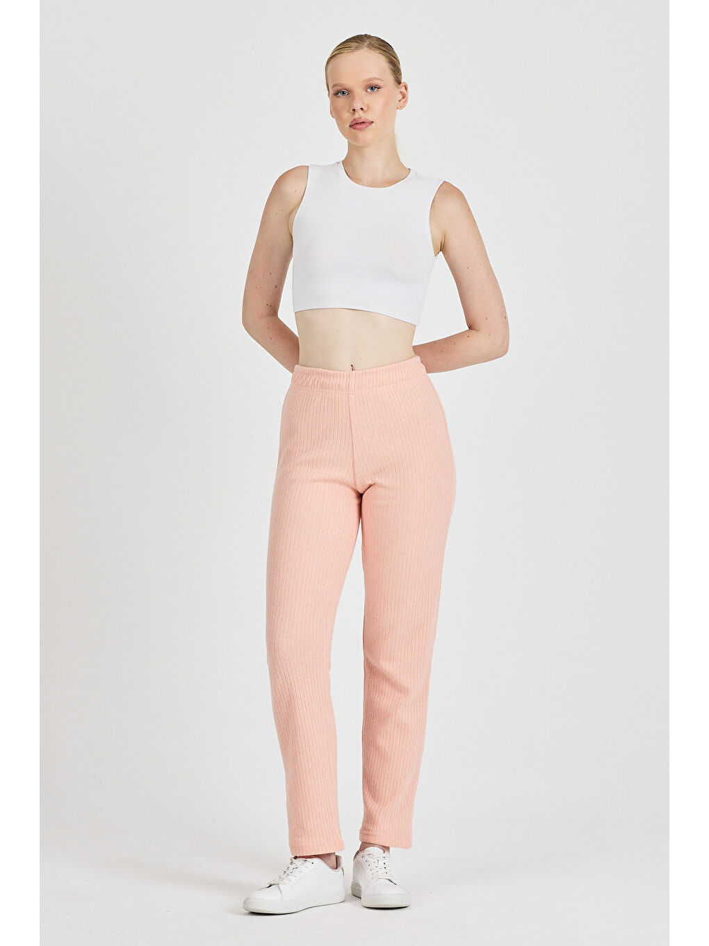 Turuncu Kadın Yavruağzı Yüksek Bel Fitilli Bol Paça Günlük İnce Eşofman Altı Pijama-2