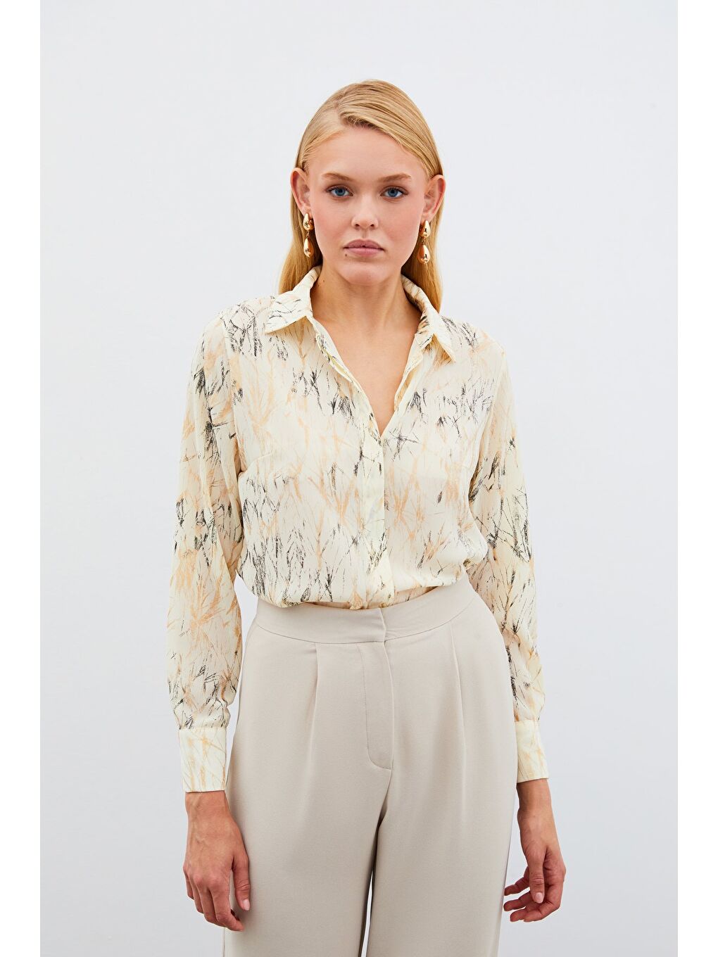 Ekru Parlak Desenli Gömlek - Krem-Gold-2