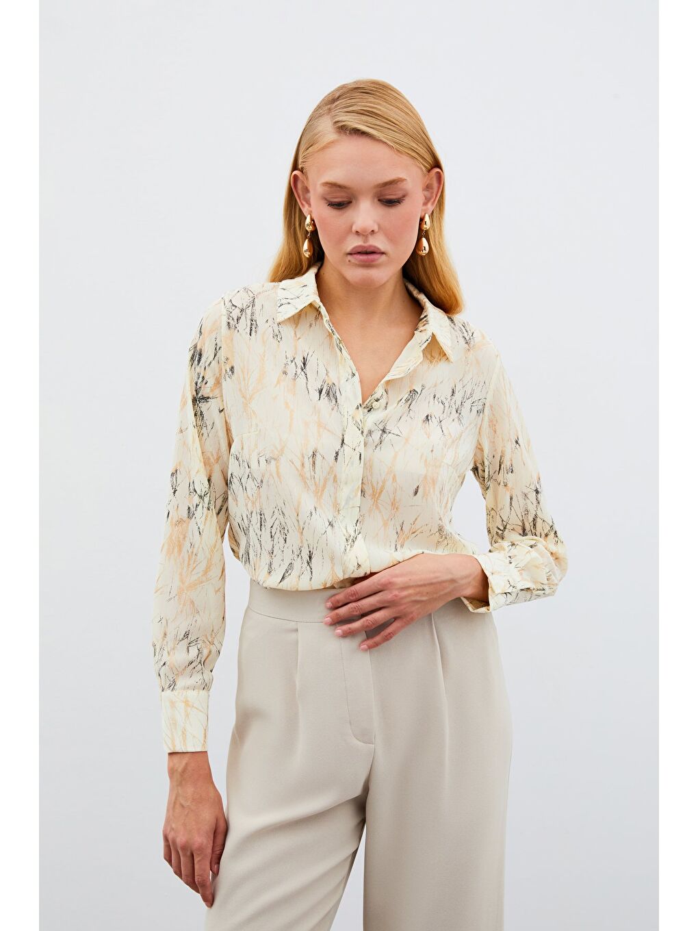 Ekru Parlak Desenli Gömlek - Krem-Gold-3