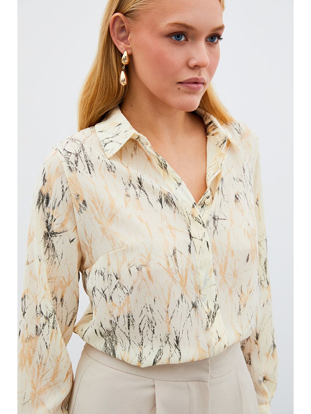 Ekru Parlak Desenli Gömlek - Krem-Gold-4