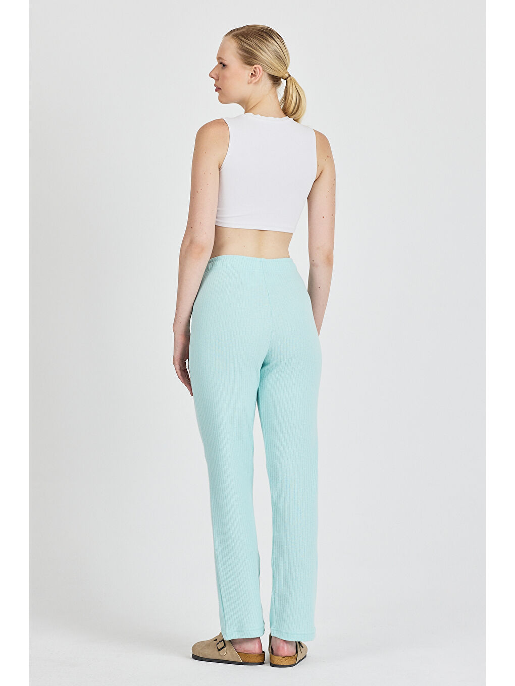 Turkuaz Kadın Su Yeşili Yüksek Bel Fitilli Bol Paça Günlük İnce Eşofman Altı Pijama-5