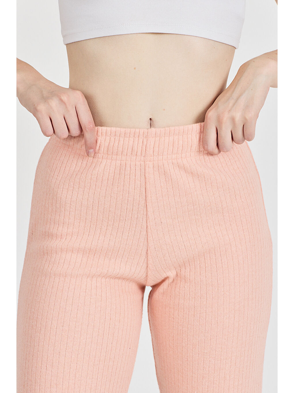 Turuncu Kadın Yavruağzı Yüksek Bel Fitilli Bol Paça Günlük İnce Eşofman Altı Pijama-5