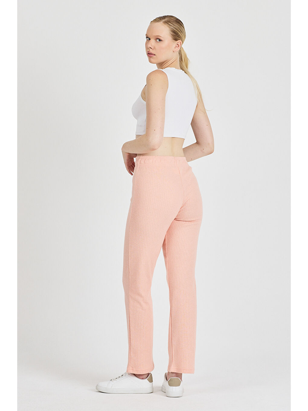 Turuncu Kadın Yavruağzı Yüksek Bel Fitilli Bol Paça Günlük İnce Eşofman Altı Pijama-6