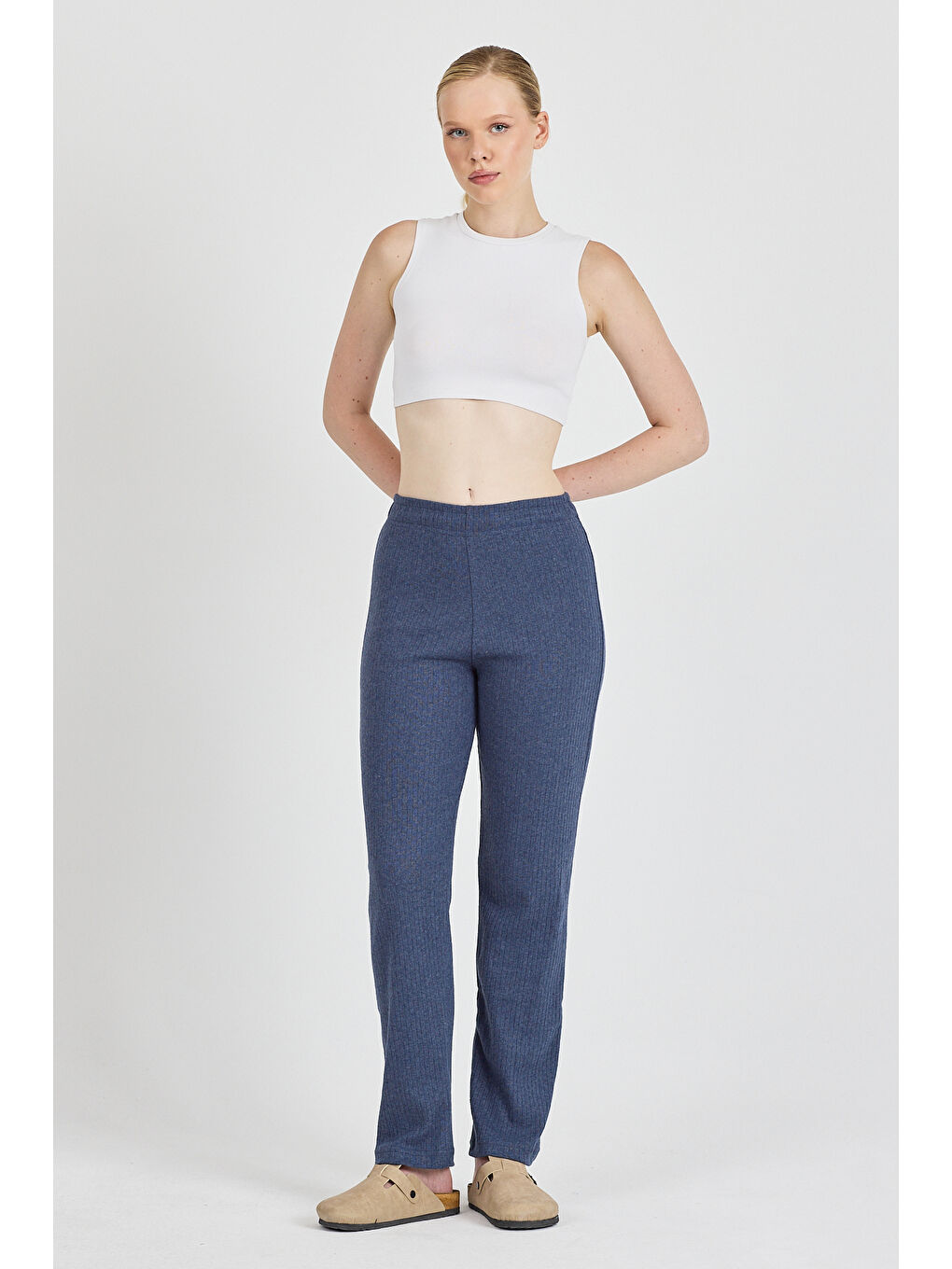 Kadın İndigo Yüksek Bel Fitilli Bol Paça Günlük İnce Eşofman Altı Pijama