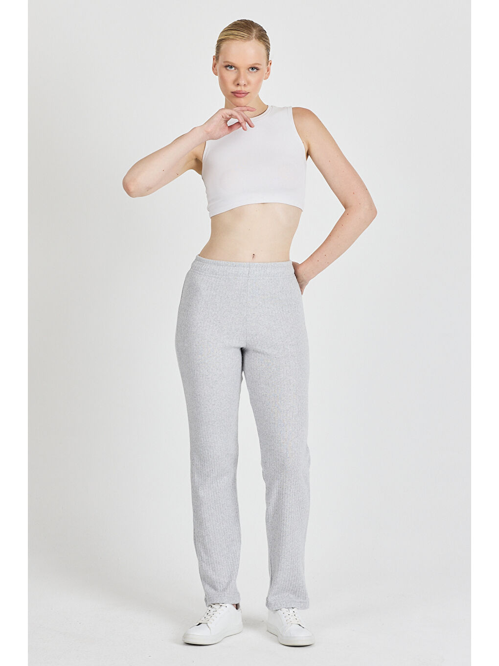 Kadın Gri Yüksek Bel Fitilli Bol Paça Günlük İnce Eşofman Altı Pijama