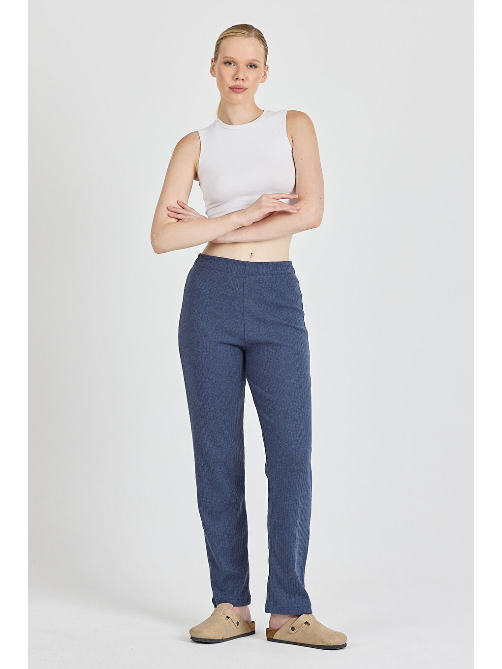 Kadın İndigo Yüksek Bel Fitilli Bol Paça Günlük İnce Eşofman Altı Pijama-1