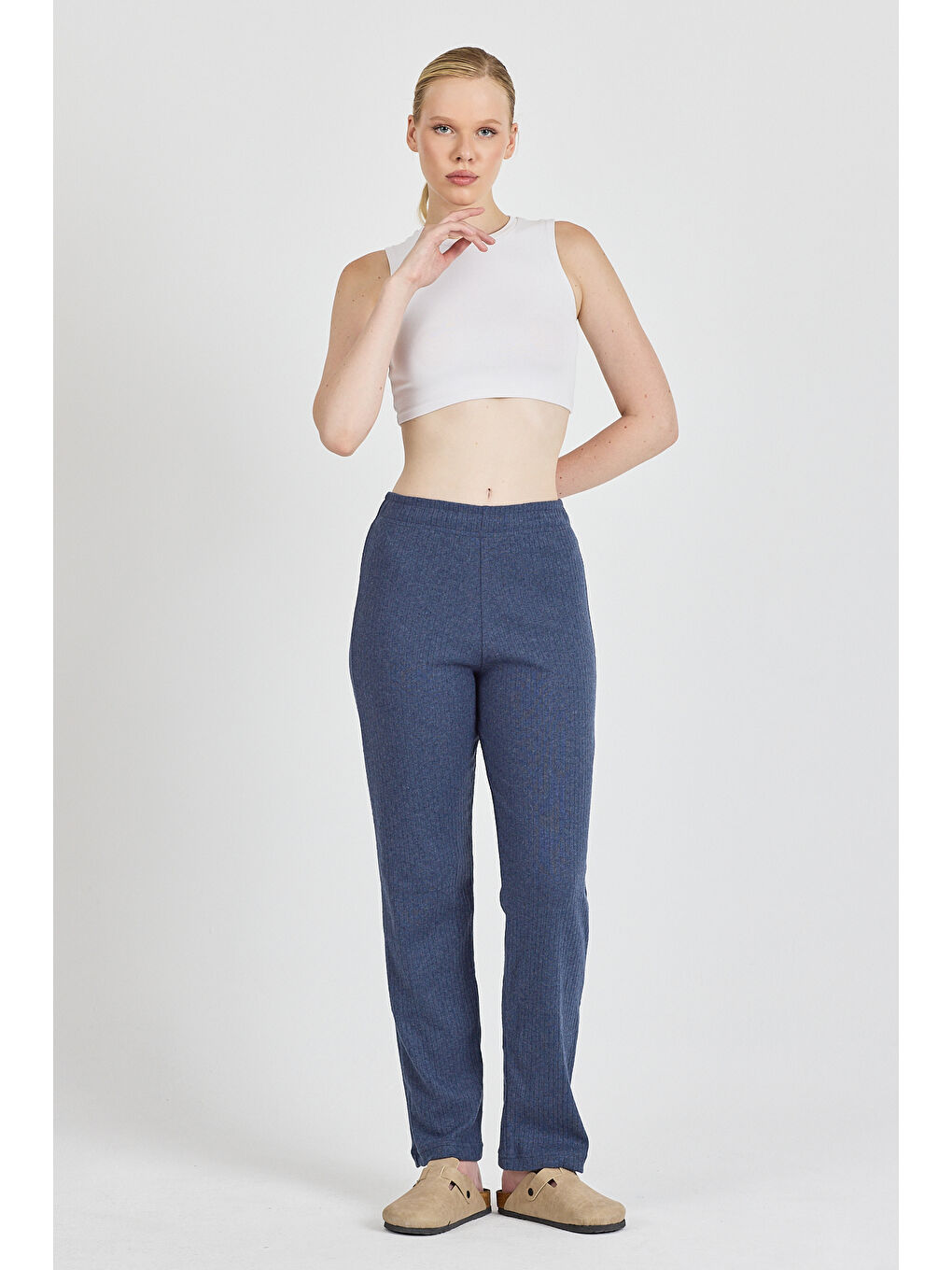 Kadın İndigo Yüksek Bel Fitilli Bol Paça Günlük İnce Eşofman Altı Pijama-2