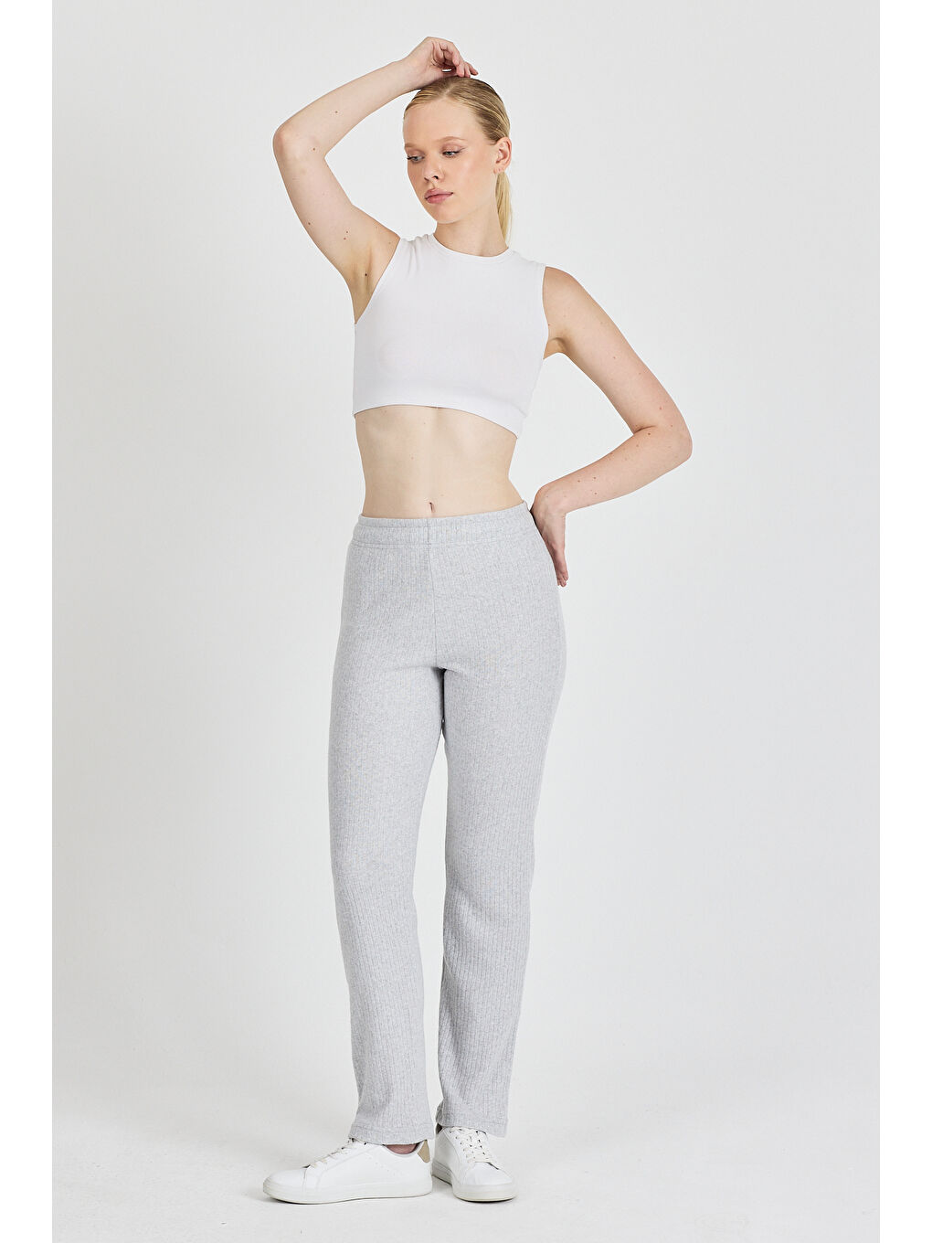 Kadın Gri Yüksek Bel Fitilli Bol Paça Günlük İnce Eşofman Altı Pijama-1